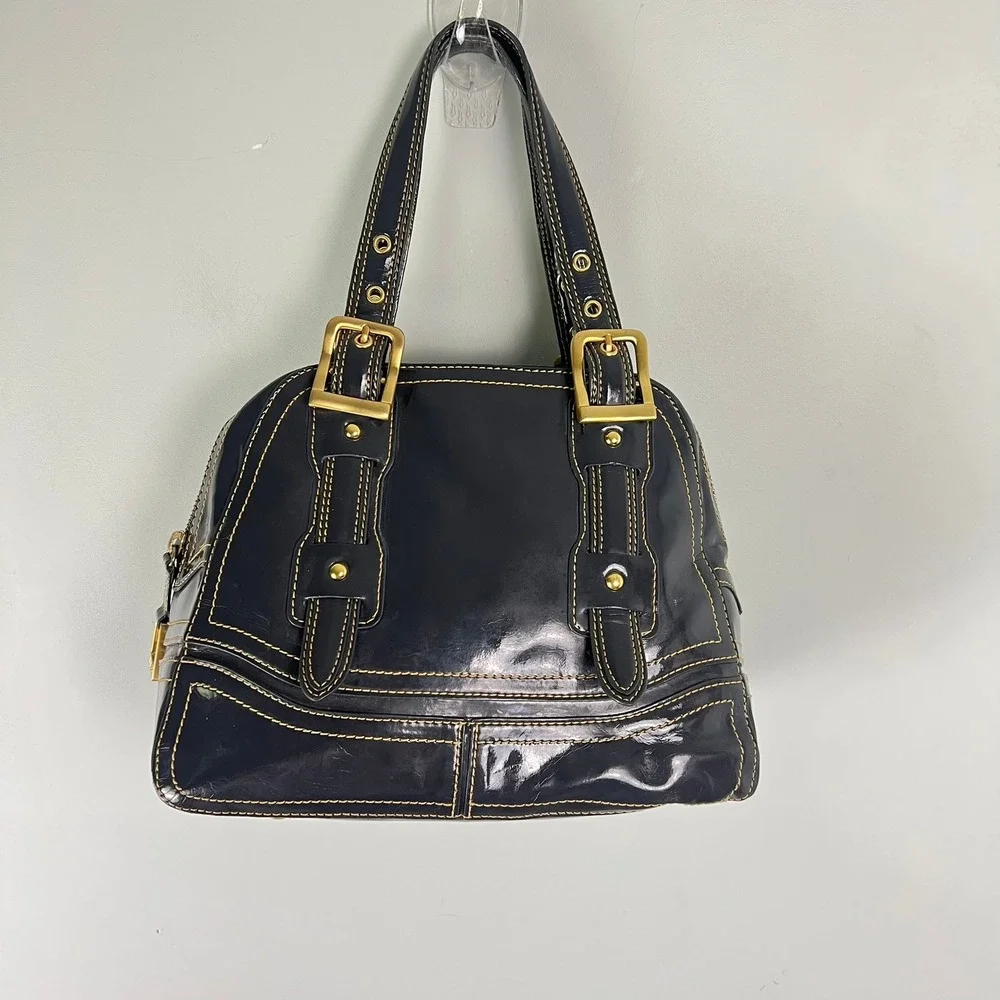 Maxx NY Gray Patent Satchel Handbag Bowler Bag Gold Buckle 90s Y2k Indie Sleaze
